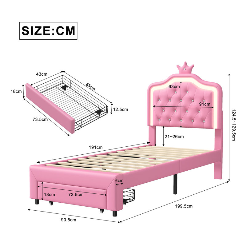 Upholstered Storage Bed, Pink, Single (3')
