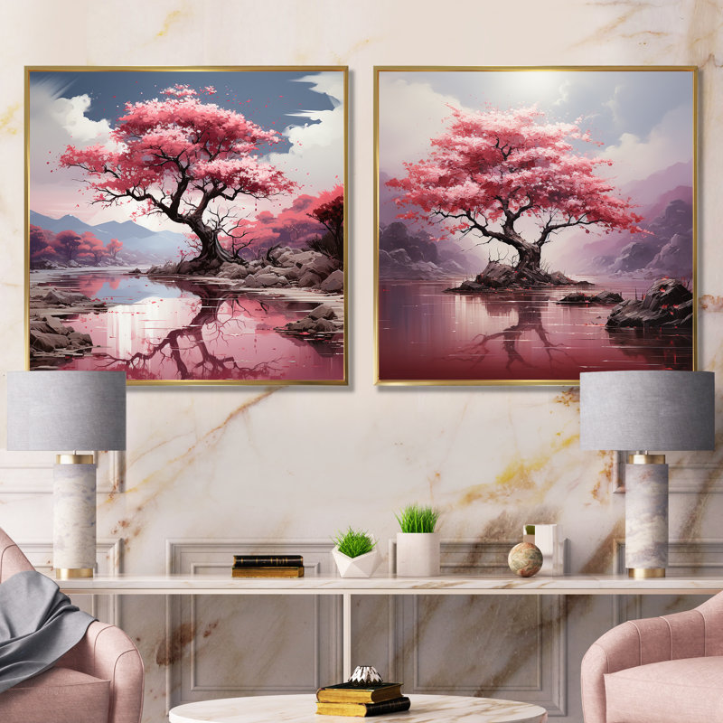 «Pink Cherry Tree Blossoms In River I», ensemble de 2 reproductions d'art sur toile, Encadrement doré