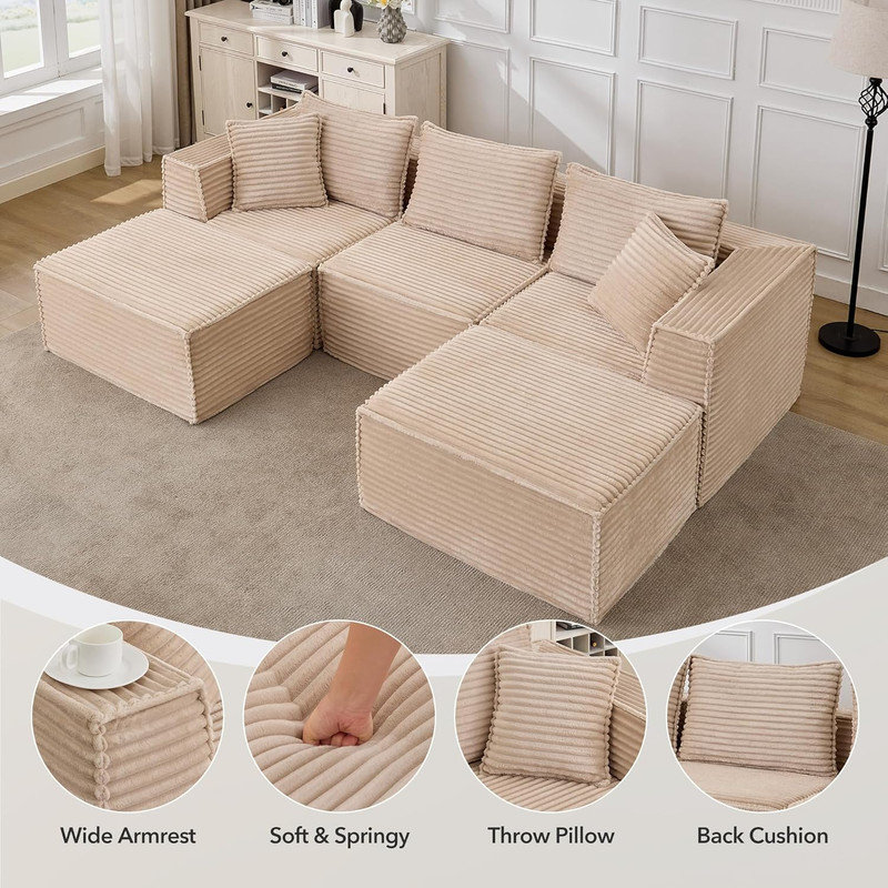 Boneless Modular Cloud Sectional Sofa with 1 Ottoman, L-Shape Deep Seat Couch for Living Room, No Assembly, 3, Green