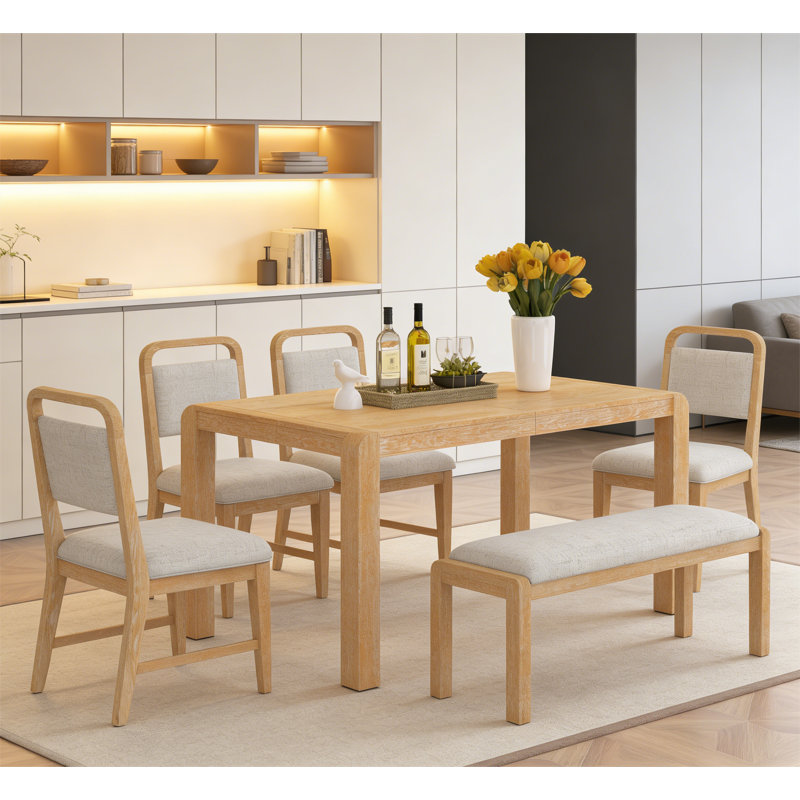 Ensemble de table de salle à manger vintage extensible pour 4 à 6 personnes avec 4 chaises rembourrées et banc, Naturel