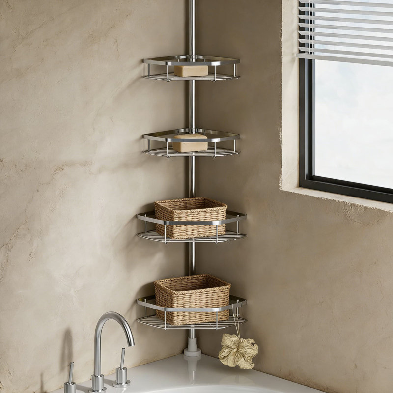 Serviteur de douche d'angle à poteau à tension réglable, organisateur de douche en acier inoxydable à 4 niveaux avec base et crochets antidérapants, installation sans perçage pour le rangement dans la salle de bain