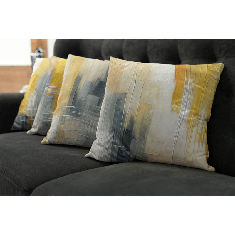 Abstract Yellow and Gray Polyester Square Throw Pillow Set