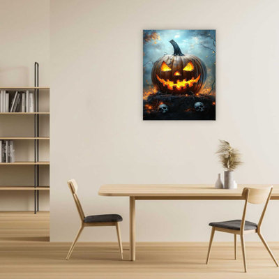 «Blue Creepy Jack-o-Lantern Jagged Mouth», art mural de qualité supérieure pour le salon, 32 x 24 po