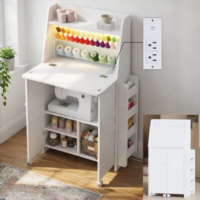 Table de couture pliable avec plateforme pour machine à coudre et rangement, station de travail compacte avec organiseur de fil intégré