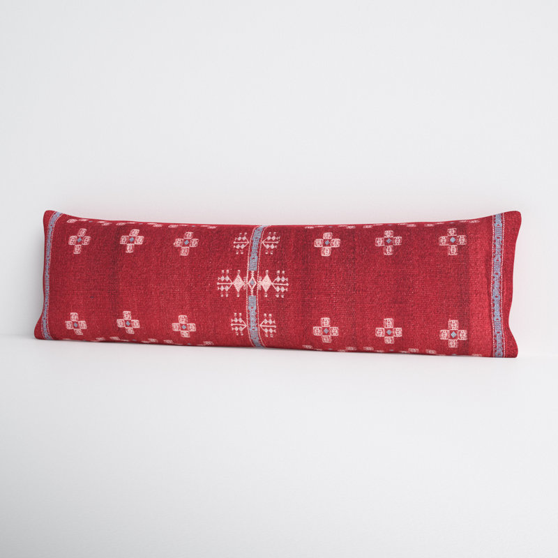 Red Wool Blend Embroidered Lumbar Pillow with Cotton Back