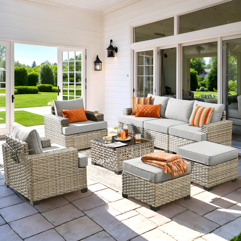 Ensemble de 8 meubles de patio modulaires en osier avec coussins 8 pièces, Gris