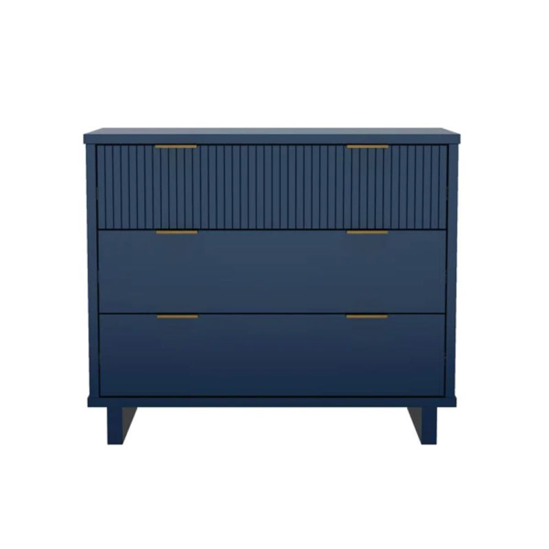 Commode contemporaine en bois massif 38 po à 3 tiroirs Elara, Bleu minuit