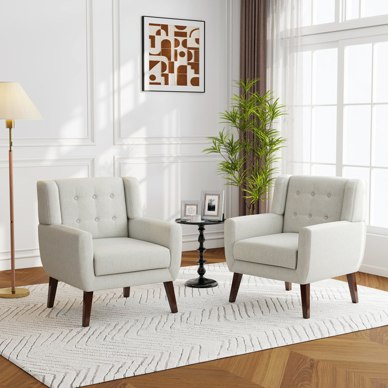 Stephanny 27.5" Wide Tufted Armchair with Solid Wood Legs, Beige Linen Blend