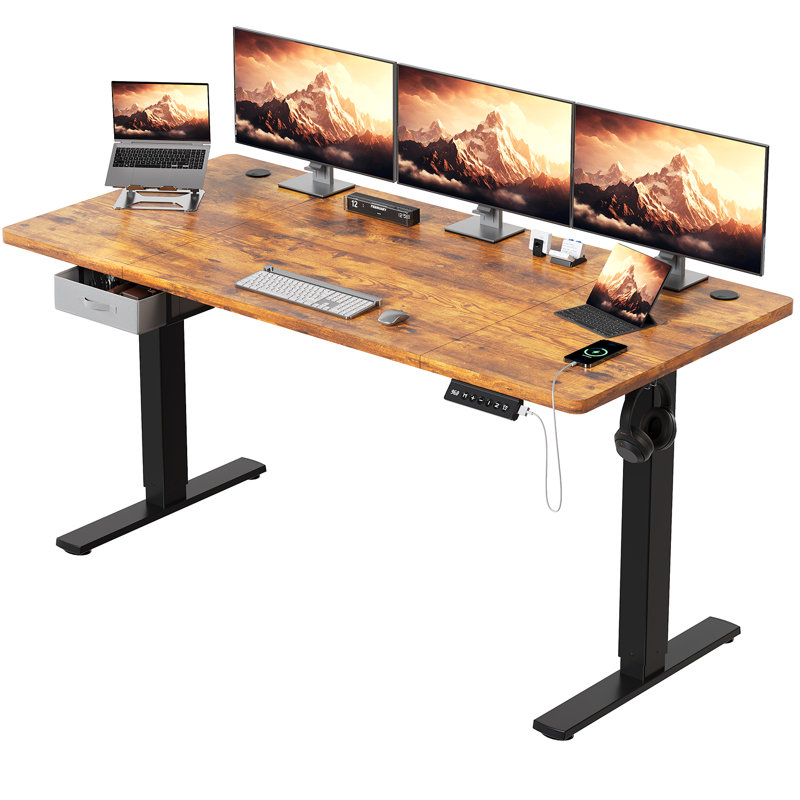 Adjustable Height Modular Steel Standing Desk, Brown, Black, 118" H x 140" W x 80" D
