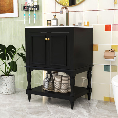 Meuble-lavabo rétro avec lavabo en céramique, tablette ouverte et armoire de rangement fermée