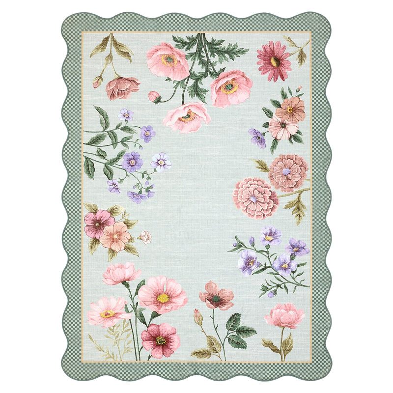 Scalloped Rug Machine Washable Floral Living Room Rugs Non Slip Bedroom Carpet for Nursery Dining Room Dorm Office, Green