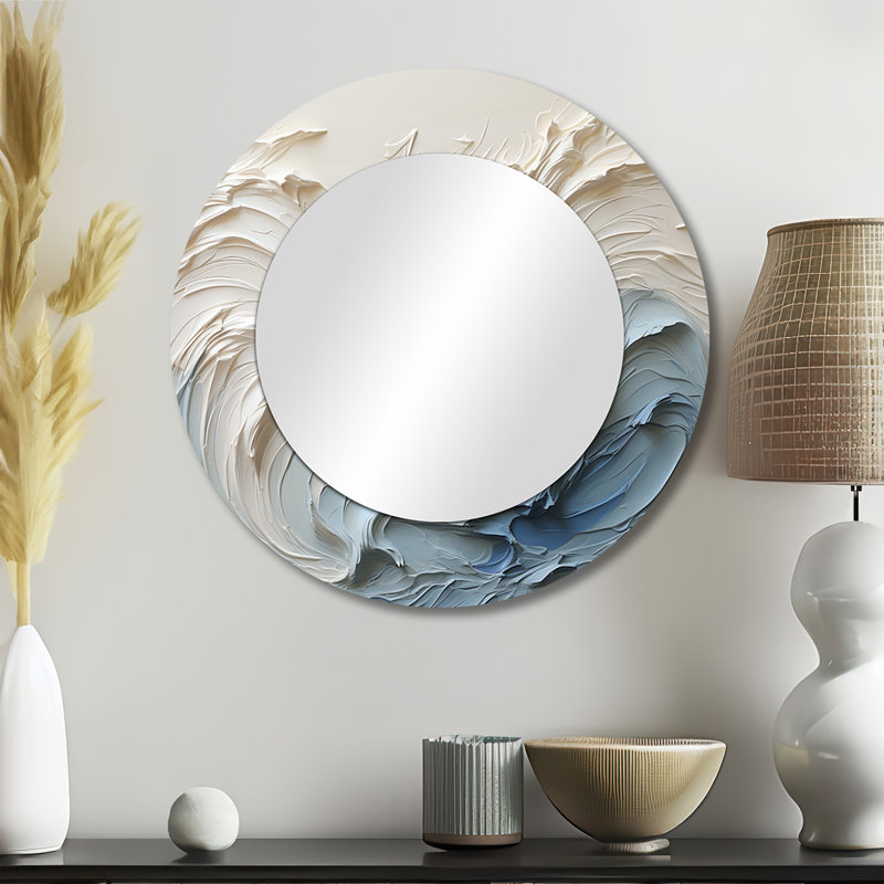 White And Blue Wave Papercut Style - Waves Unique Wall Mirror Decor, Coastal Large Round Mirror, Printed Metal Art, 23" x 23"