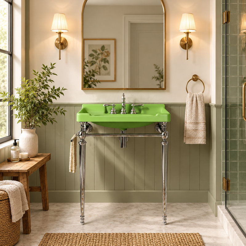 Meuble-lavabo console en céramique de 71 cm (28 po) avec support en métal et barre porte-serviettes, Argent, 28", Vert