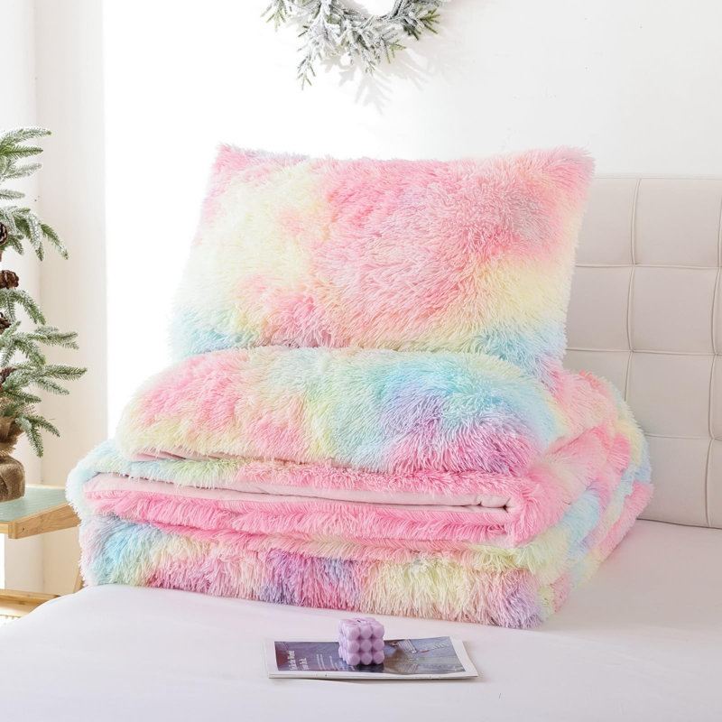 Smoofy Fluffy Comforter Set 2 Pieces- All Seasons Luxury Fuzzy Comforter With One Pillowcase, Rainbow