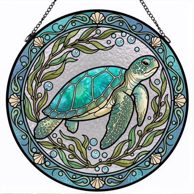 Sea Turtle Stained Glass Window Panel，7.8H
