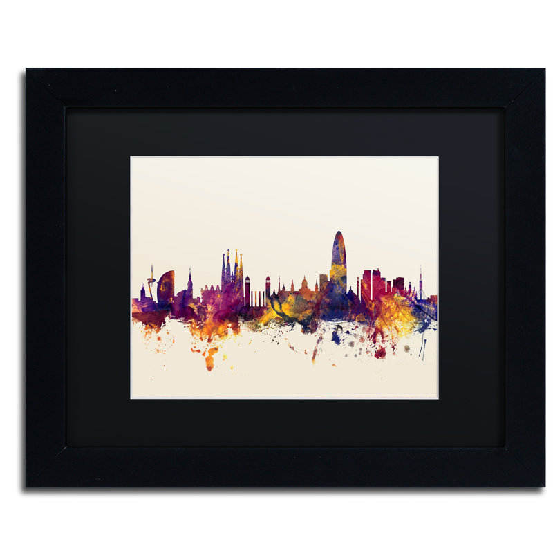 "barcelone espagne horizon" , impression encadrée, H 11 po x l 14 po x P 0,5 po, Cadre noir, Noir
