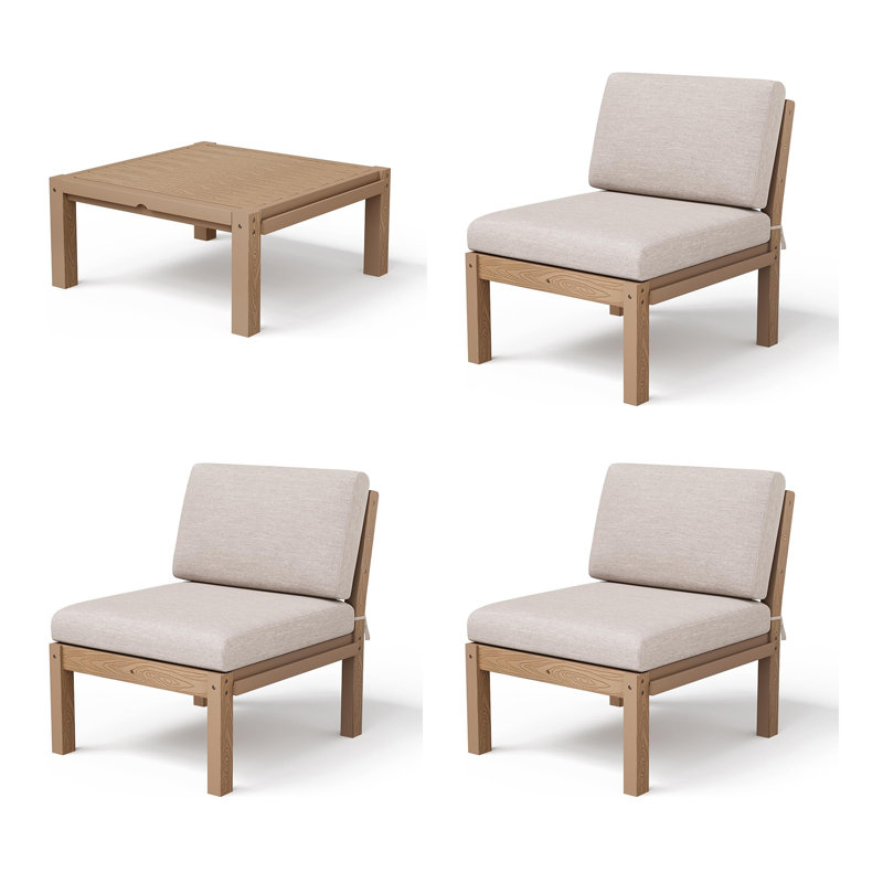3 - Person Modular Patio Conversation Sets With Cushions, 4-Piece Outdoor All-Weather Waterproof HIPS Sofa Seating Group, Teak