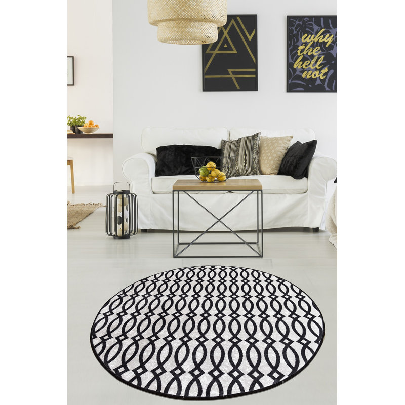 Stylish Round Area Rug, Black & White, 47.2 Inch Diameter | 100% Polyester, 0.4 Inch Pile Height, Antibacterial, Non-Slip Underside | Machine Washable at 30°C | Perfect for Living Room, Bedroom & Home Décor