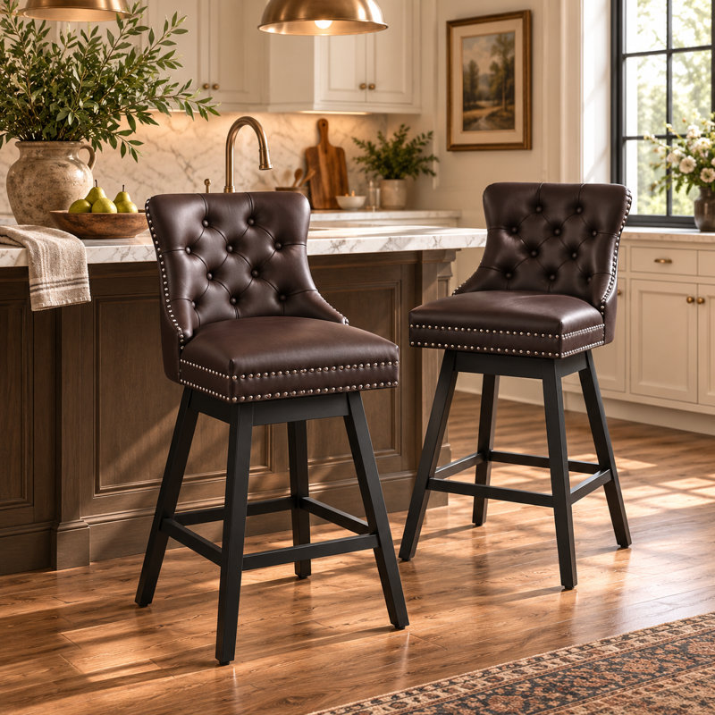Ensemble de 2 tabourets de bar pivotants, tabourets de bar en cuir de polyuréthane avec devant capitonné à boutons et anneau rétractable, tabourets de bar d'une hauteur de 30 po avec pieds en bois massif pour îlot de cuisine ou bar, brun