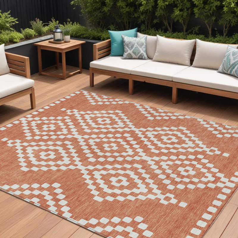 Tapis intérieur / extérieur lavable géométrique 10 pi x 14 pi saumon et ivoire