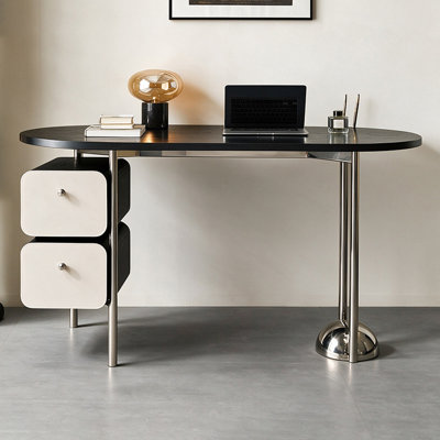Bureau ovale noir en bois massif avec 2 tiroirs