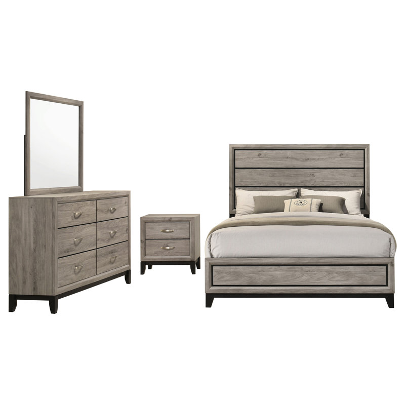 Ensemble de chambre à coucher grand lit quatre pièces Watson Taupe clair, Grand lit