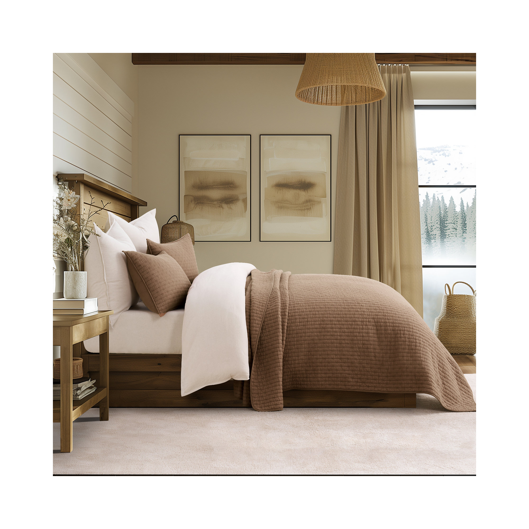 Cross Stitch Cotton Quilt set, Queen, Camel Brown
