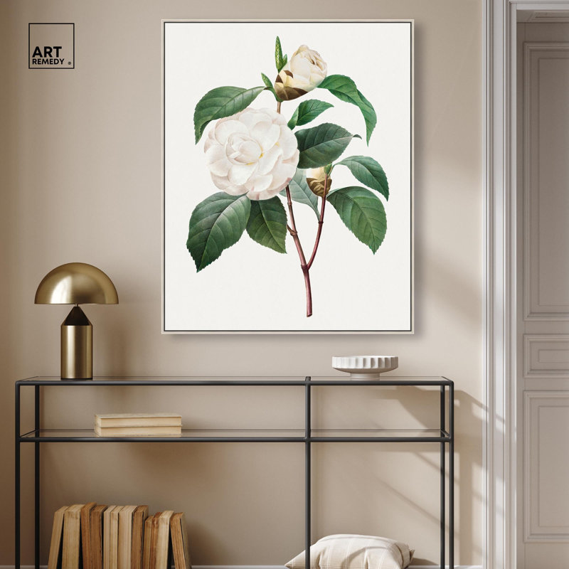 Toile de camélia blanc par Art Remedy, H 46 po x l 37 po, Cadre flottant, Argent argent