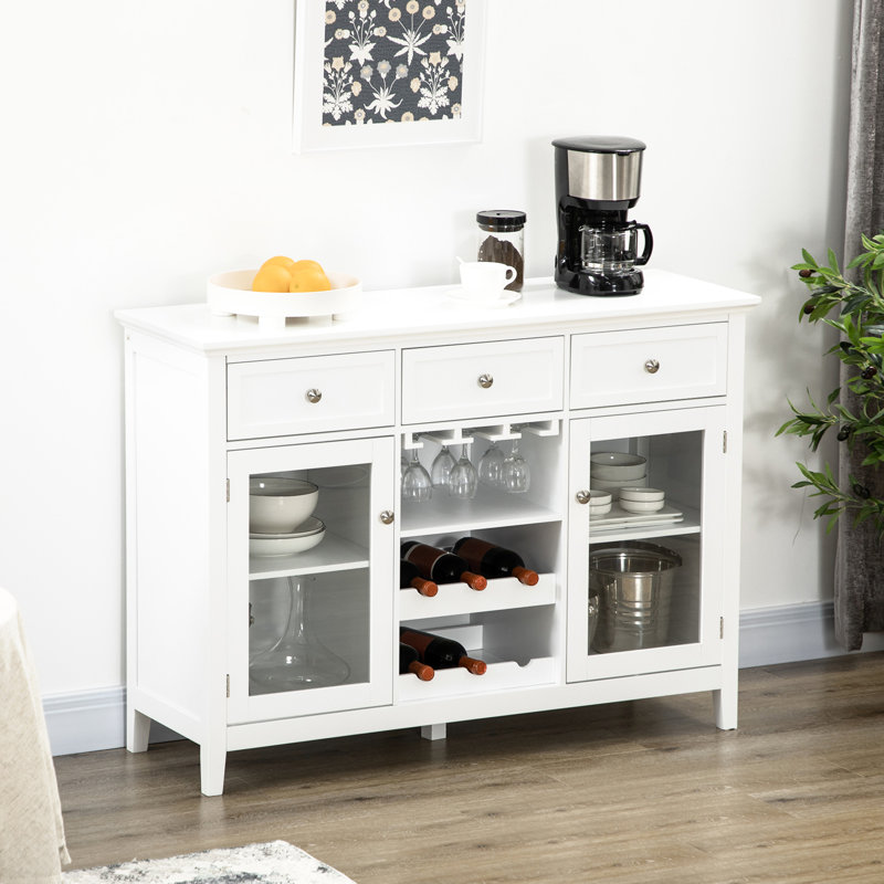 Armoire à café avec 3 tiroirs, porte-bouteilles de 6 bouteilles, porte-verres à pied