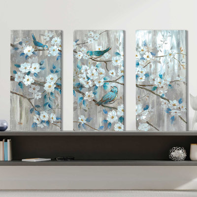«Teal Birds», reproduction sur toile 3 pièces