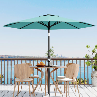 Parasol de patio de 9 pi avec inclinaison et manivelle à bouton-poussoir, parasol de table extérieur avec 8 nervures robustes, auvent imperméable avec protection UV pour le jardin, la piscine, la terrasse et le marché