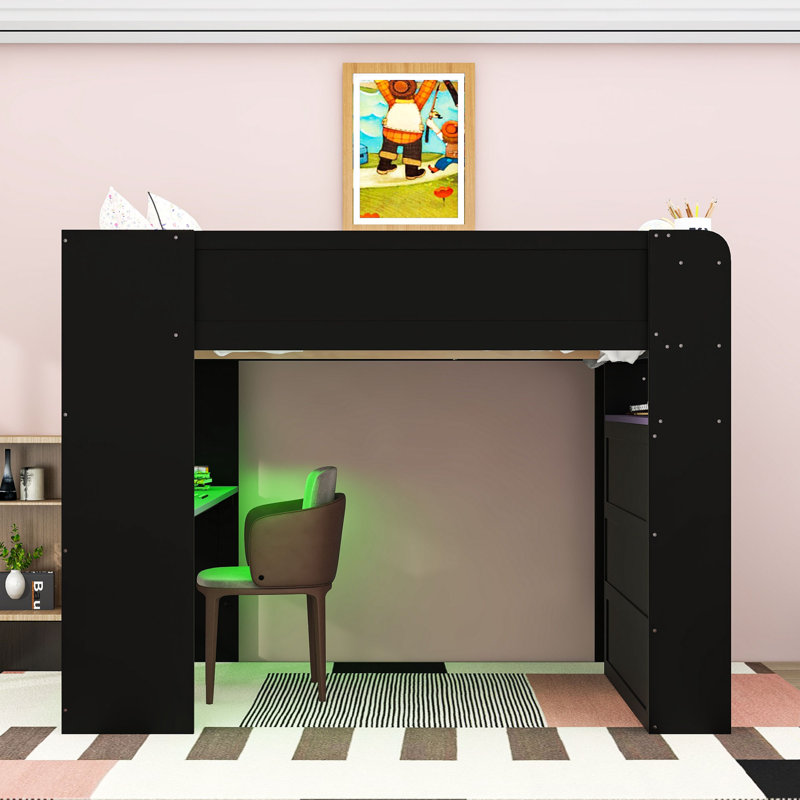 Lit mezzanine en bois avec bureau, lumière, tablettes et port USB