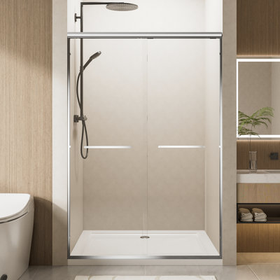 60" Wide Aluminum Double Sliding Shower Door, 1/4" Nano - Coated Tempered Glass, Corrosion Handles, Reversible And Waterproof Design For Bathroom Easy Installation, Adjustable Width Handles