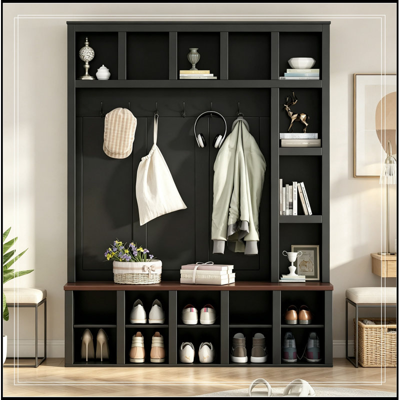 Meuble Donald en bois avec 6 crochets et tablettes ajustables, Noir