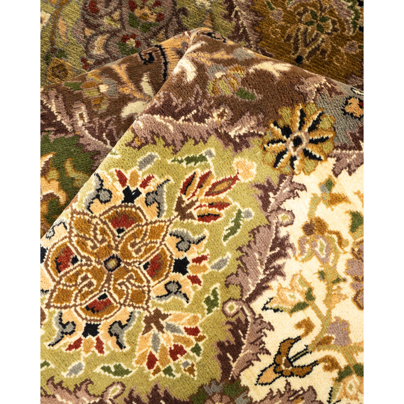 Tapis unique noué à la main beige / gris / noir Vishva Mogul 7 pi 1 po x 7 pi 1 po