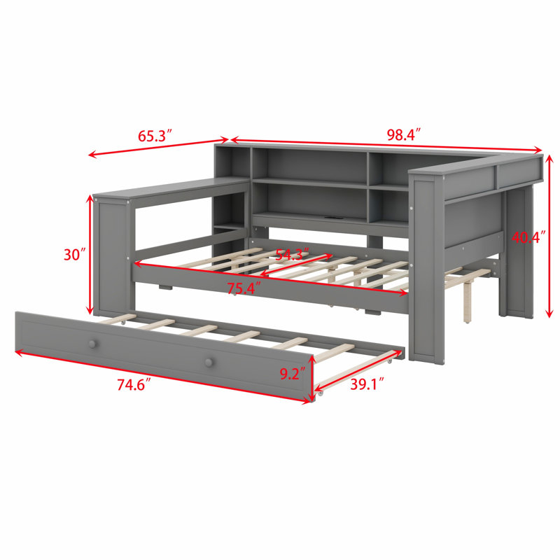 Wood Platform Bed With Storage Shelves, Trundle, Charging Station, LED, Desk And Upholstered Headboard, Greay