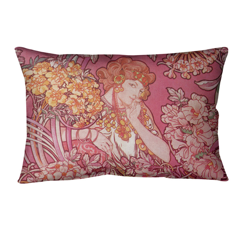 Coussin lombaire à fleurs alphonse mucha, Duvet synthétique, 20 po x 14 po, Rose