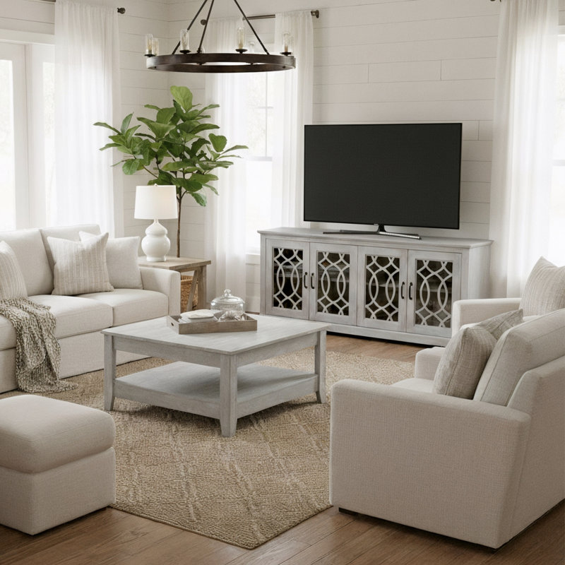 Weddel Basilico Transitional 2 Piece Living Room Media And Coffee Table Set, Dusty Gray Oak, Dusty Gray Oak