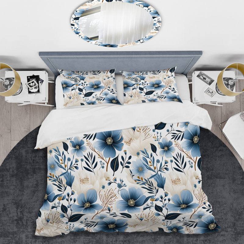 Motif floral bleu et ivoire - ensemble de housse de couette floral - polyester microfibre