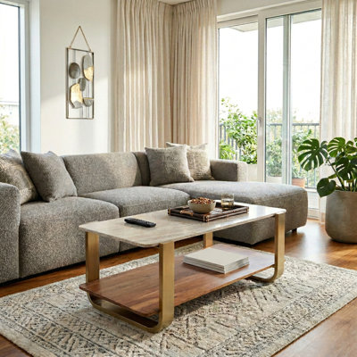 Modern Wood and Metal Rectangular Living Room Table with Shelf Storage for Home Display - Small Coffee Table for Office or Bedroom Decor - Gold & Brow