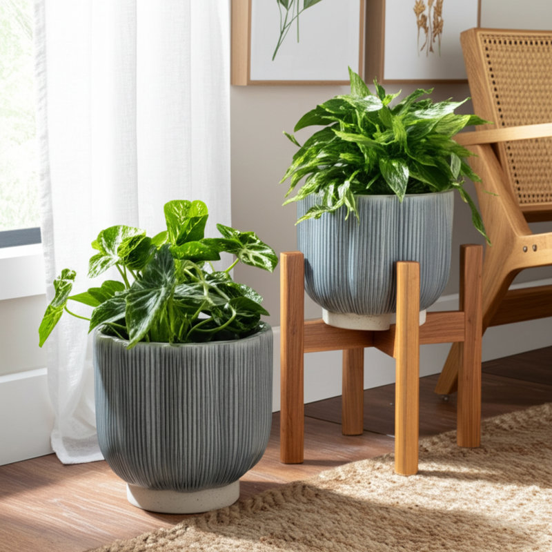 Aedin Stoneware Planters Garden Trend Modern Decorative Containers For Indoor Outdoor Display Set Of 2, Ivory/Blue