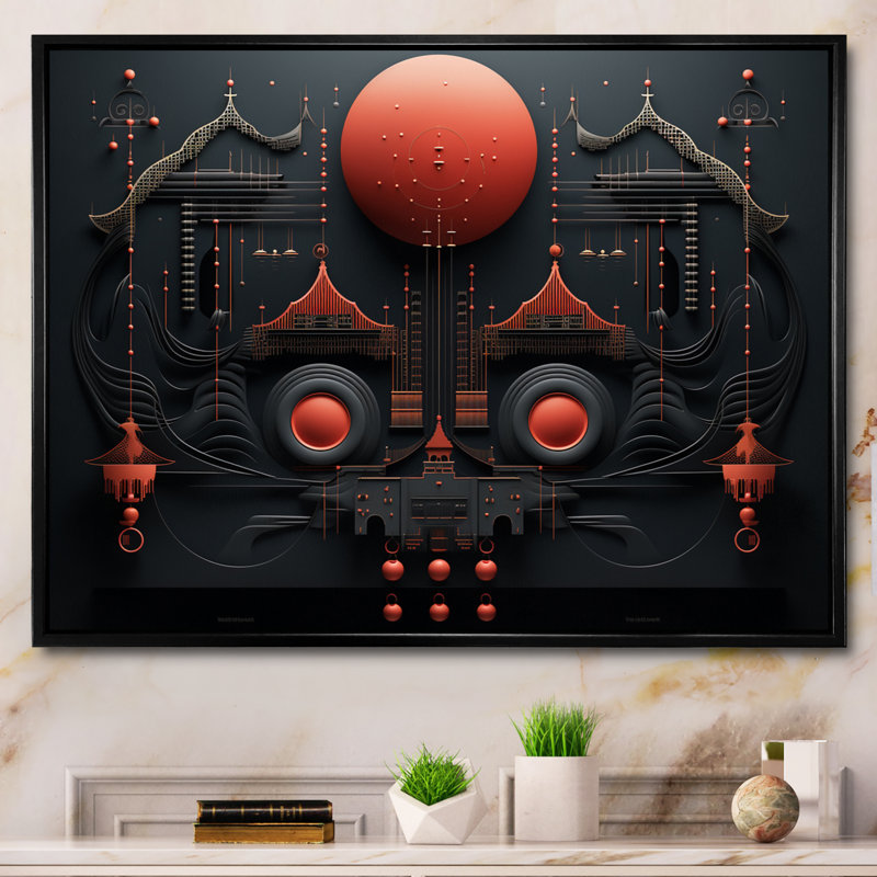 Pleine lune mystérieuse, architecture antique minimale - impression, Cadre flottant noir, H 16 po x l 32 po x P 1 po