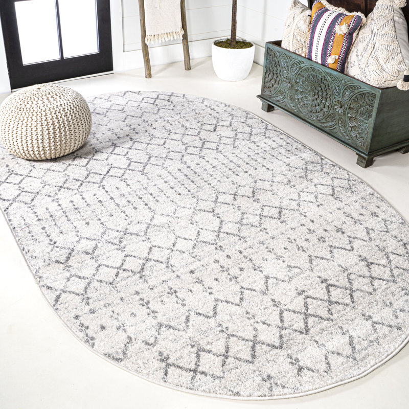 Kateshia Moroccan HYPE Boho Vintage Diamond Cream/Gray Rug, Oval 5'3" x 8'