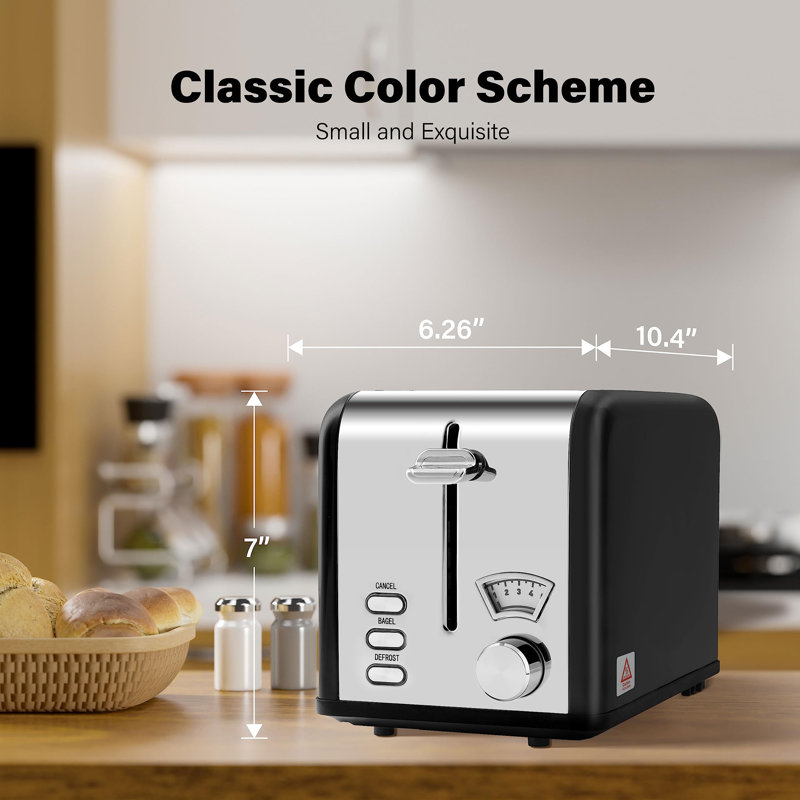 Retro Black Stainless Steel 2-Slice Toaster with Wide Slot and Crumb Tray