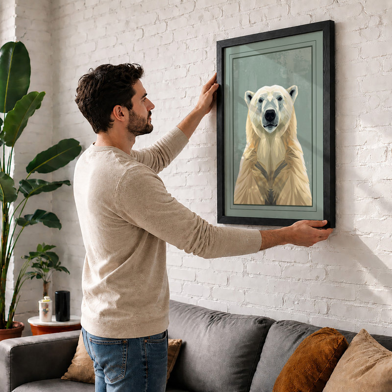 Polar Bear Portrait Minimalist - Framed Print, A2 - 59.4 x 42.0 cm, Oak