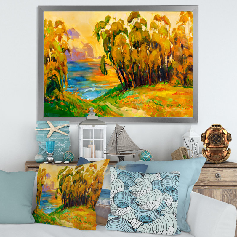 «Green Trees By The Riverside pendant Evening Glow», peinture sur toile, H 24 po x l 32 po x P 1 po, Encadrement argenté