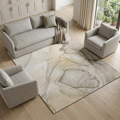 8' X 10' Beige And Ivory Abstract Washable Area Rug With UV Protection