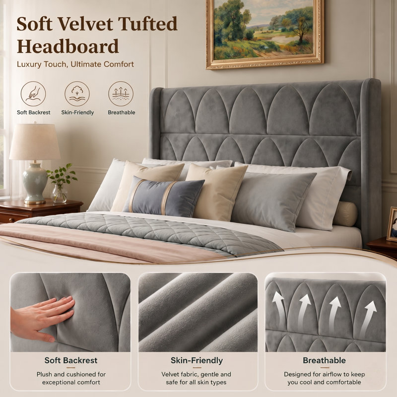 Modern Elegant Upholstered Bed, Gray, Queen