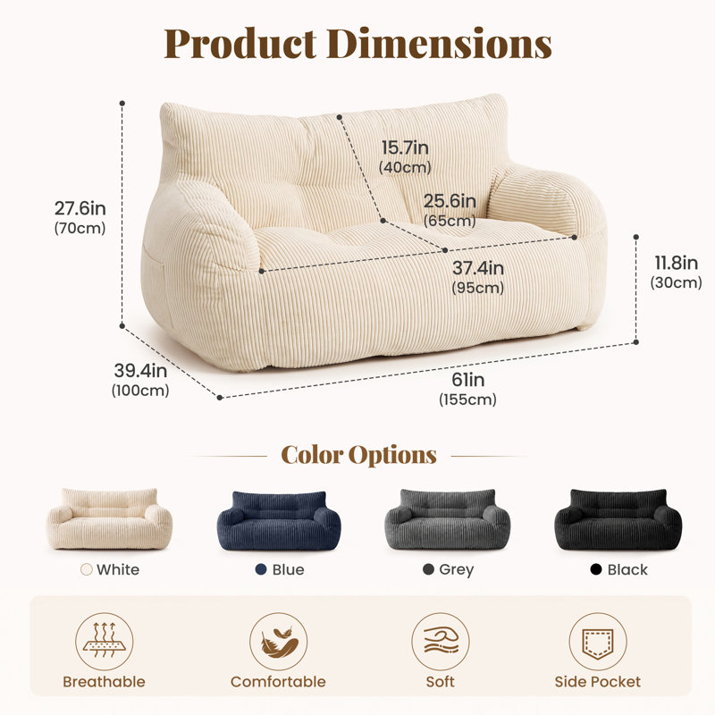 Colman  59" Wide Bean Bag Chair,Corduroy Lazy Sofa,Loveseat, Beige Corduroy, Medium