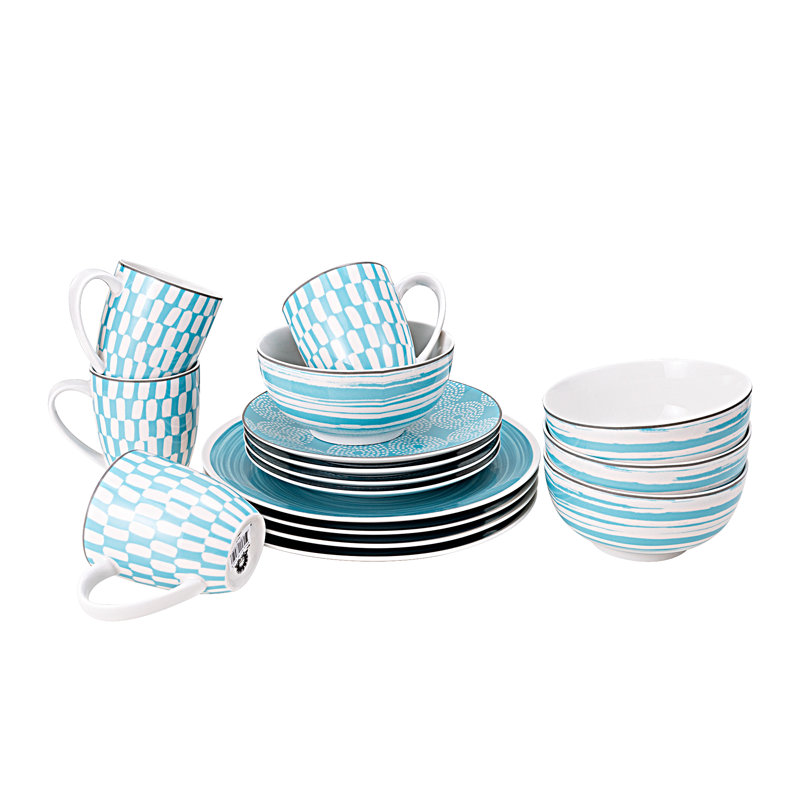 Turquoise and White Ceramic Outdoor Dinnerware Set, Service for 4